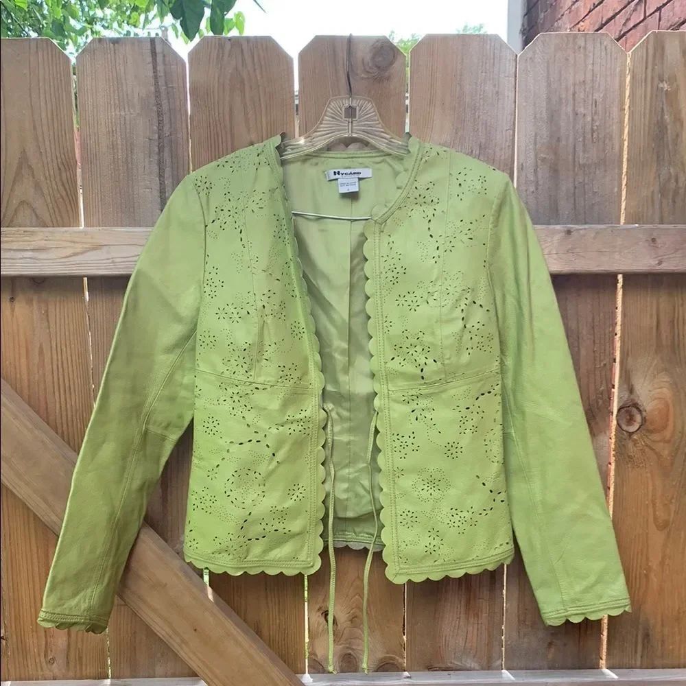 Green Blazer with Cropped Design and Textured Pattern Leather blazer